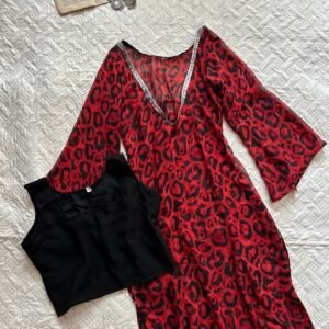 Abstract Leopard Print Coverup Mesh Corset Kurti with Black Blouse Set