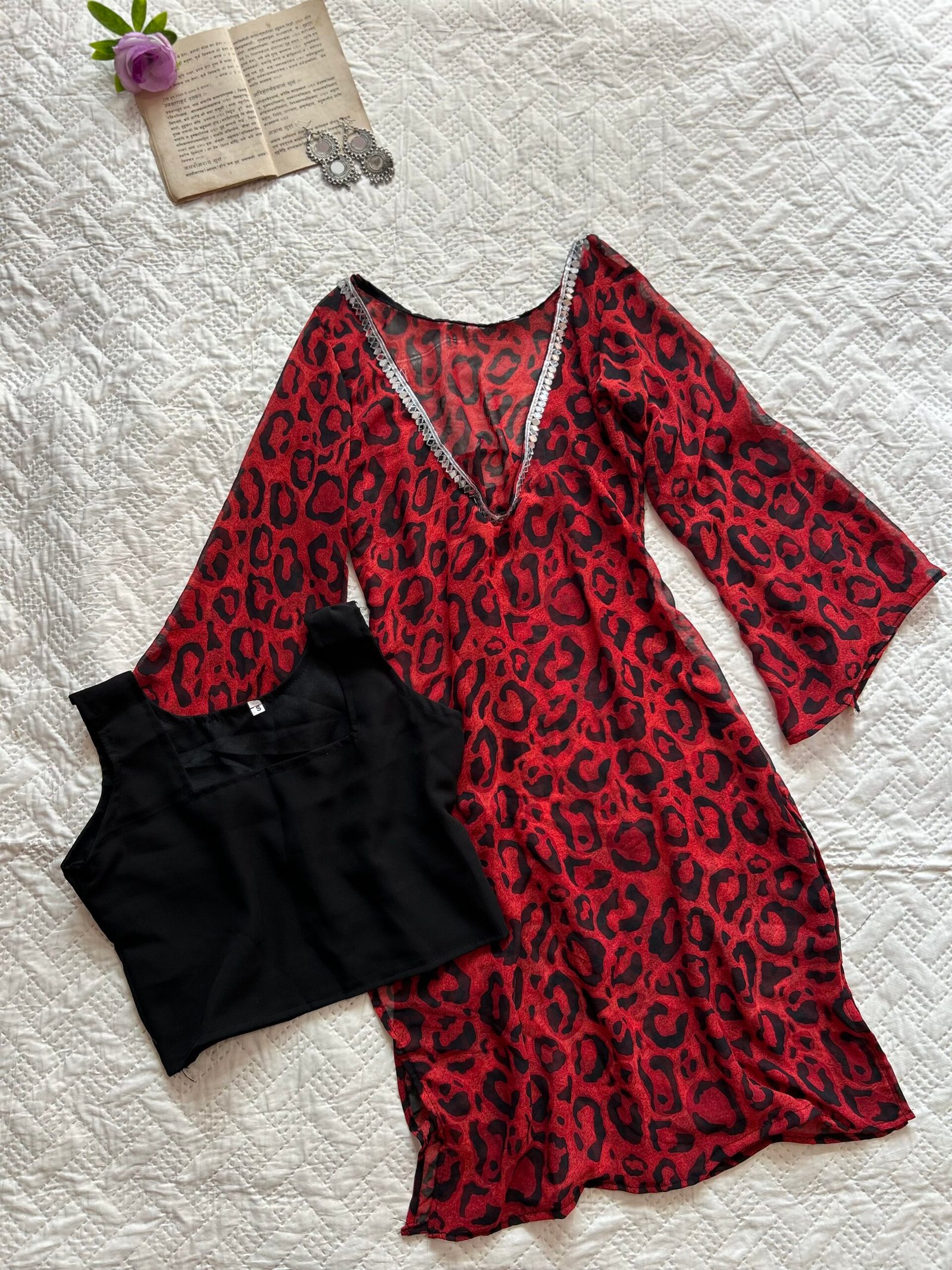 Abstract Leopard Print Coverup Mesh Corset Kurti with Black Blouse Set
