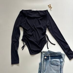 Crew Neck Cinched Waist Asymmetrical Long Sleeve Top In Navy Blue