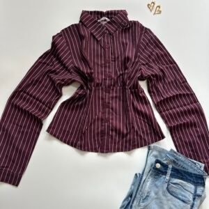 Retro Fitted Striped Shirt Top In Wine