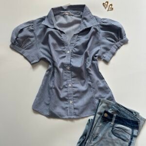 Fitted Ruched Front Shirt With Puff Sleeves And Collar In Blue