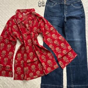 Red Collared Kurti with Baggy Denim Combo