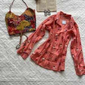 Mul Chanderi Embroidered Shirt with Bralette Top Set