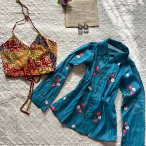 Mul Chanderi Embroidered Shirt with Bralette Top Set