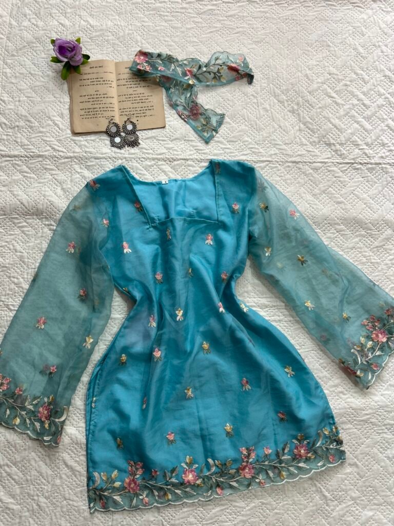 Ice Blue Embroidered Corset Back Short Kurti
