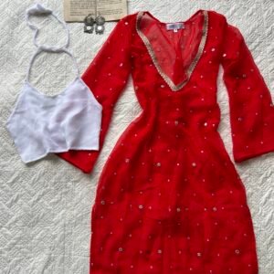 RAAS-Sheer Mirror Work Kurti with Backless Blouse Set