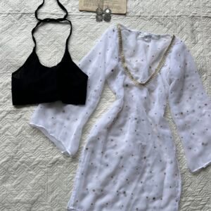RAAS-Sheer Mirror Work Kurti with Backless Blouse Set