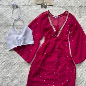 RAAS-Sheer Mirror Work Kurti with Backless Blouse Set
