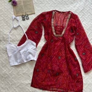 Hot Red Sheer Bandhani Kurti with Blouse Set