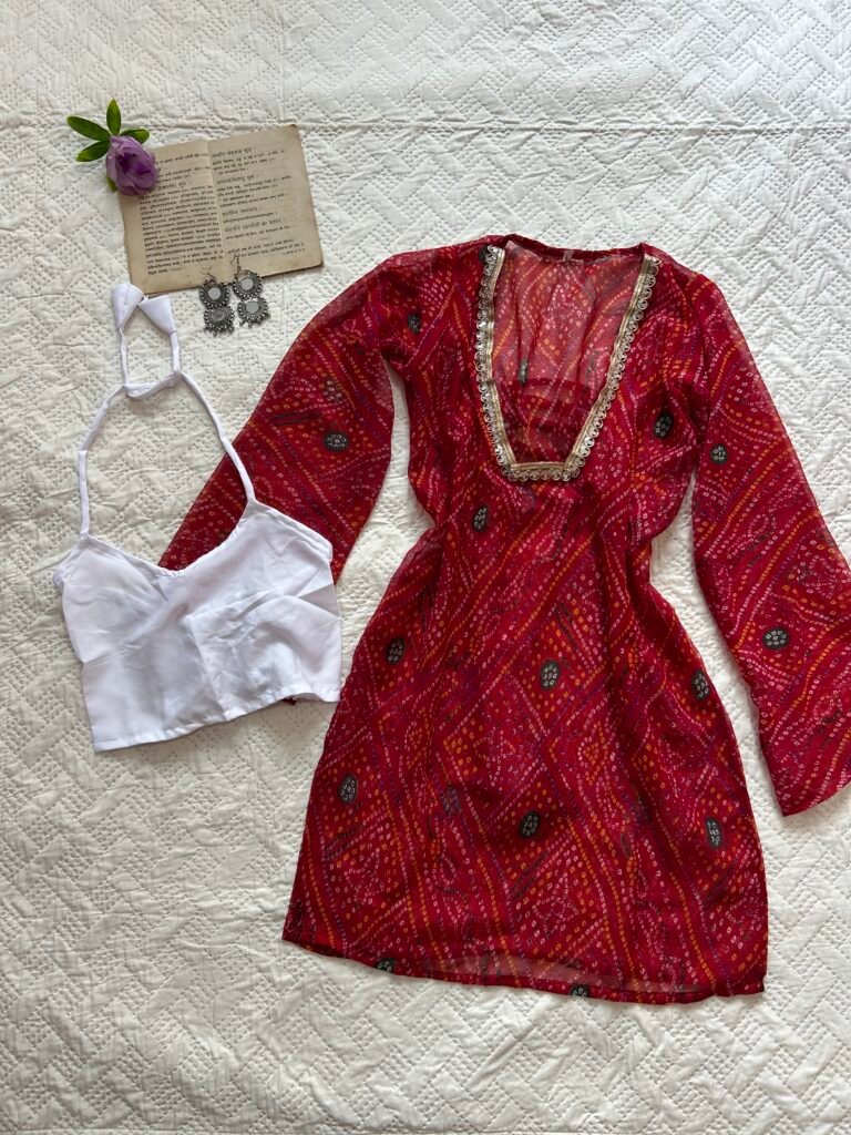 Hot Red Sheer Bandhani Kurti with Blouse Set