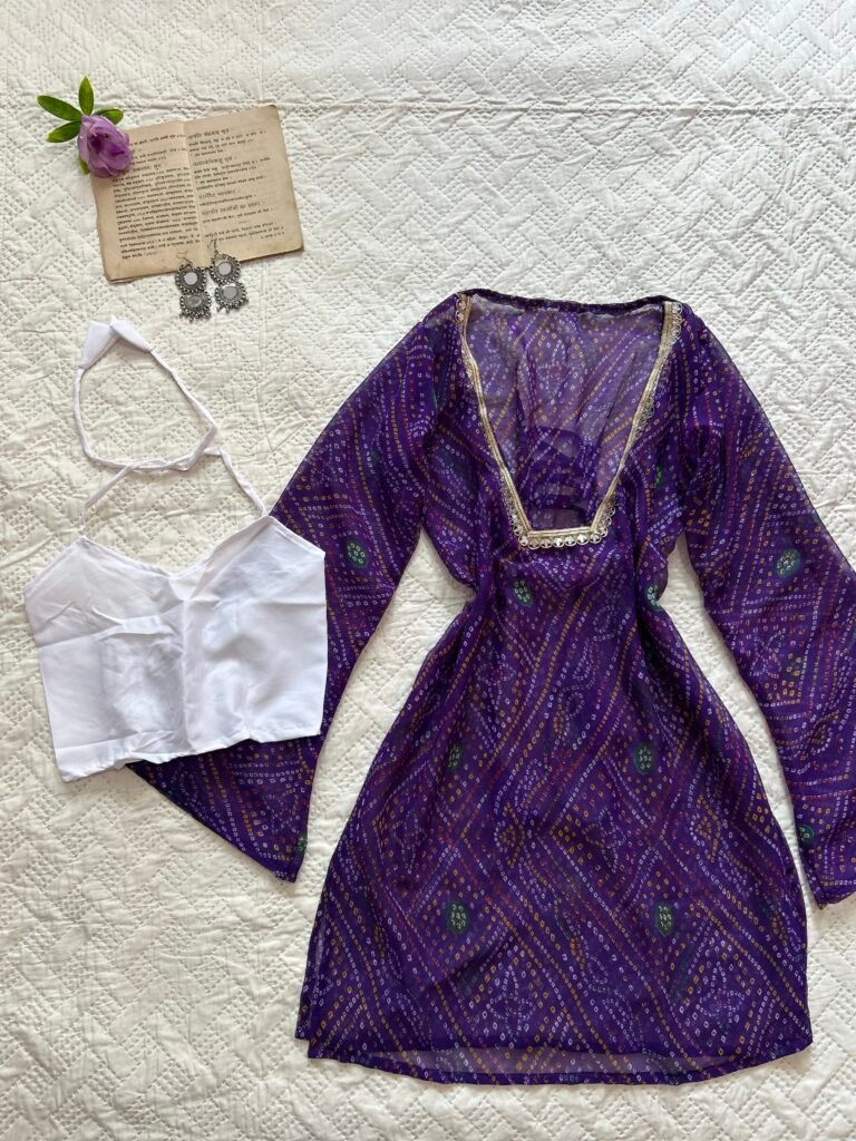 Hot Purple Sheer Bandhani Kurti with Blouse Set