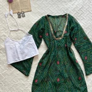 Hot Green Sheer Bandhani Kurti with Blouse Set