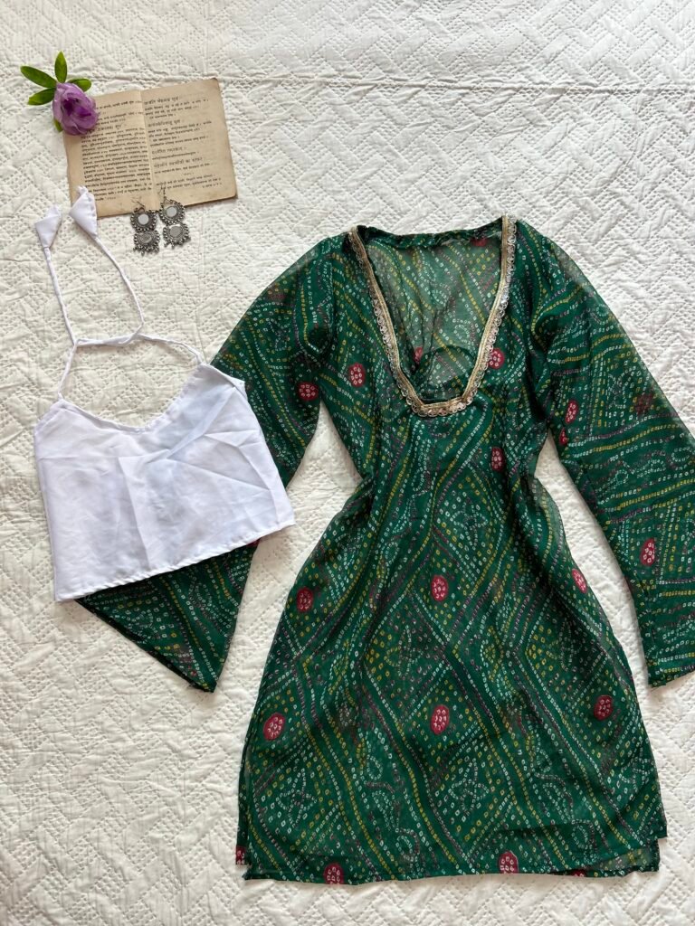 Hot Green Sheer Bandhani Kurti with Blouse Set