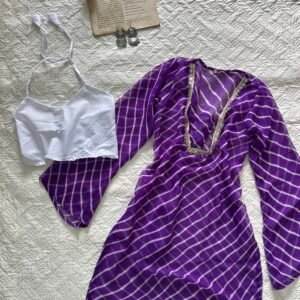 Hot Purple Sheer Laheriya Kurti with Blouse Set