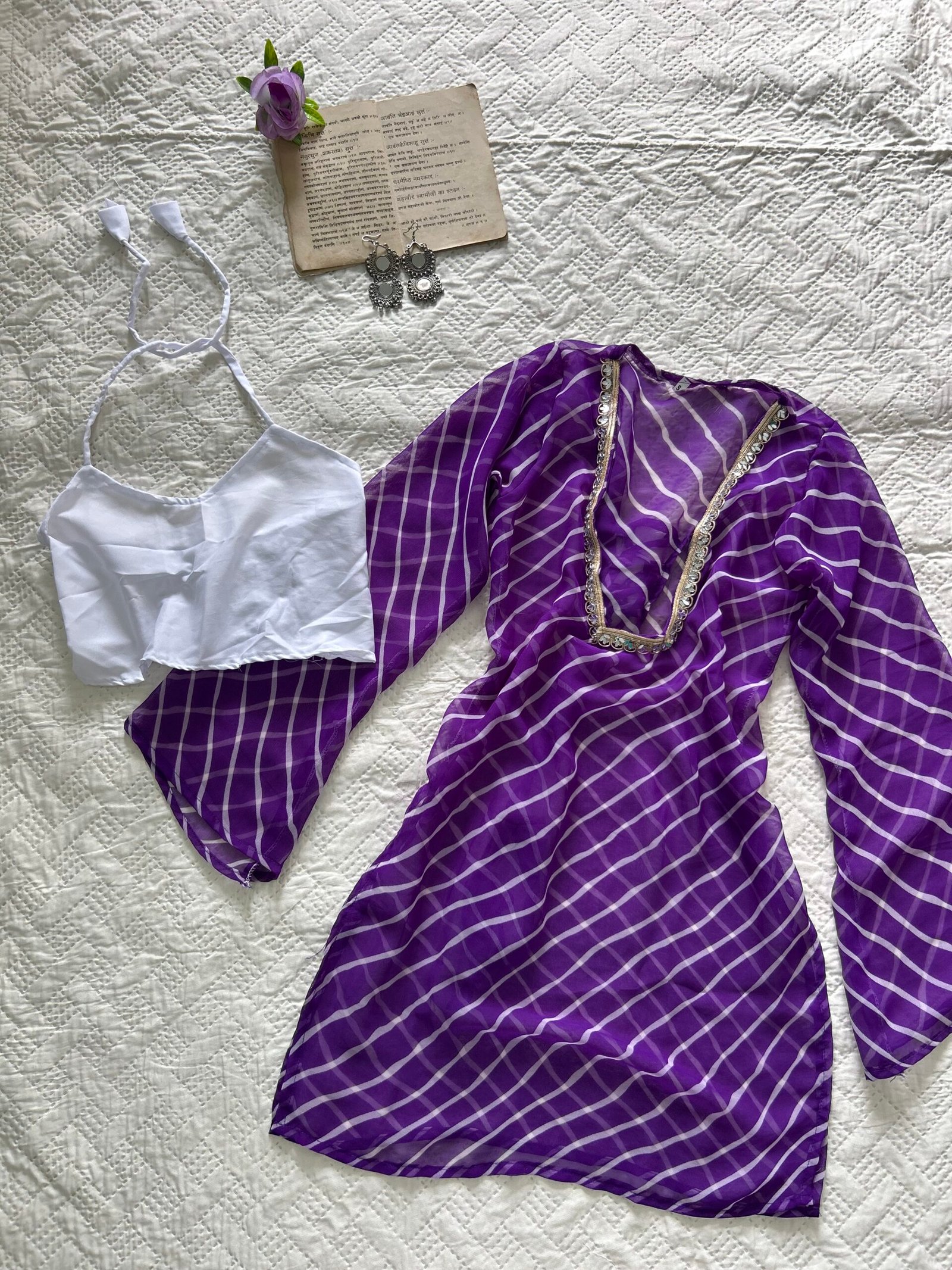 Hot Purple Sheer Laheriya Kurti with Blouse Set