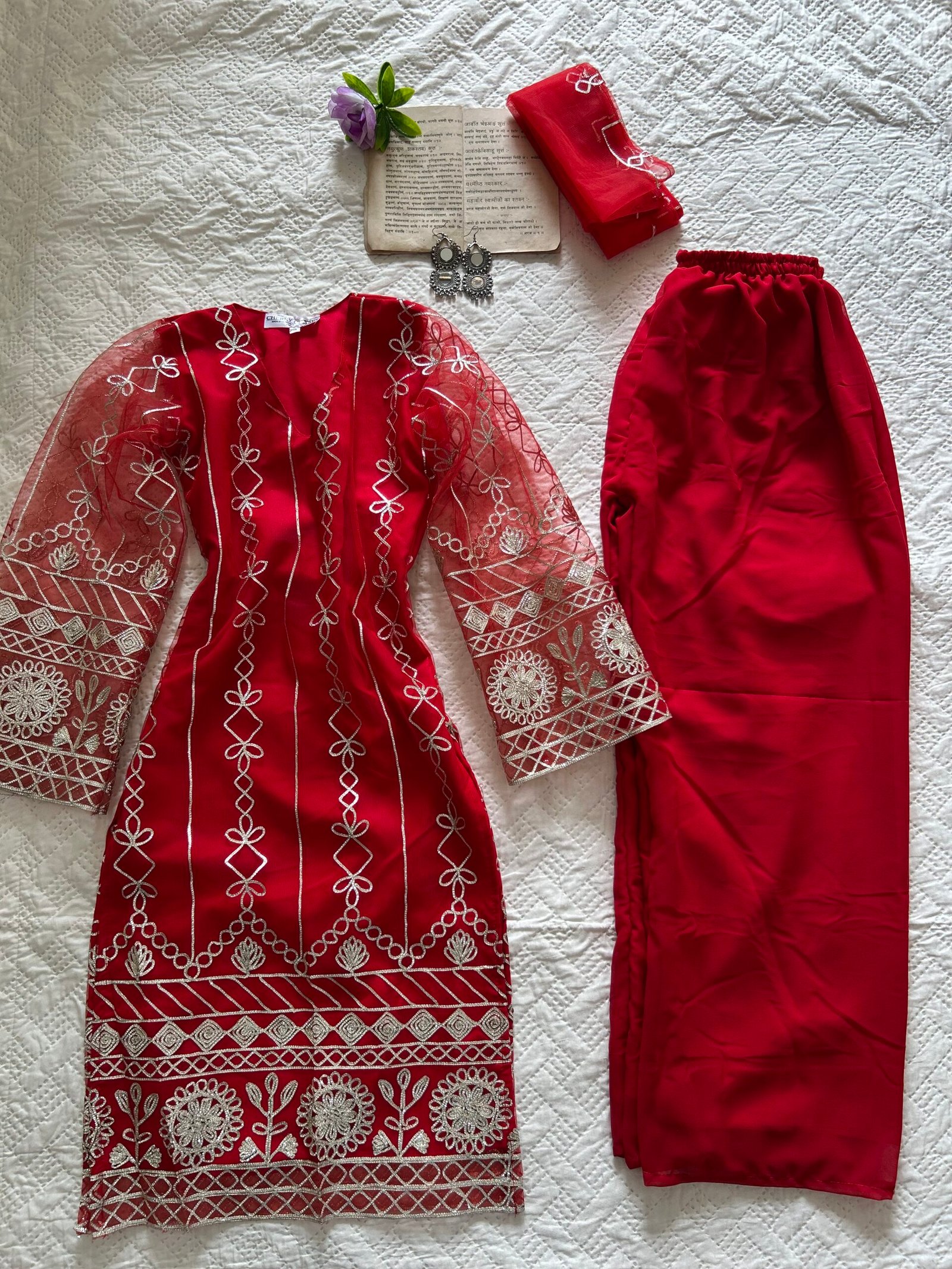 Hot Red Gotta Patti Long Kurti & Plazoo Set