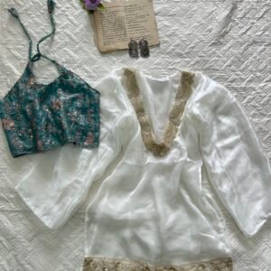 RIM~Sheer Chatpati Kurti with Beaded Blouse Set in Teal