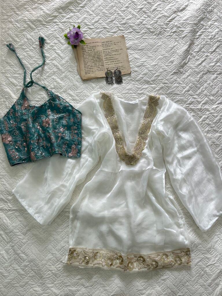 RIM~Sheer Chatpati Kurti with Beaded Blouse Set in Teal