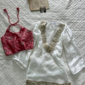 JHIM~Sheer Chatpati Kurti with Beaded Blouse Set in Baby Pink