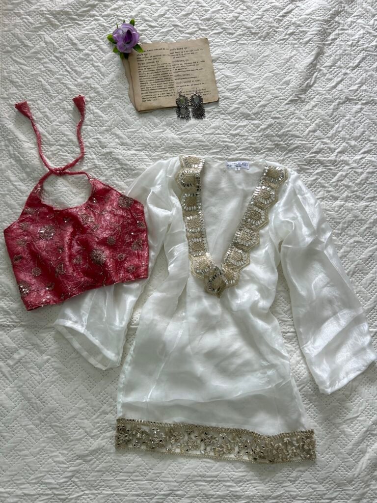 JHIM~Sheer Chatpati Kurti with Beaded Blouse Set in Baby Pink